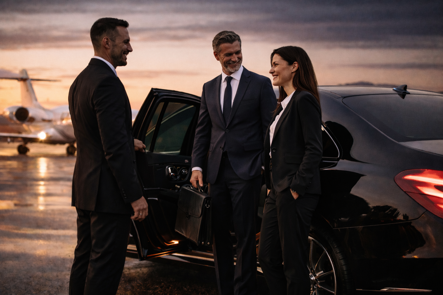 Boston Corporate Coach Chauffeur Service – Executive Transportation Professional Boston Corporate Coach chauffeur greeting executive clients with luxury black car service at the airport