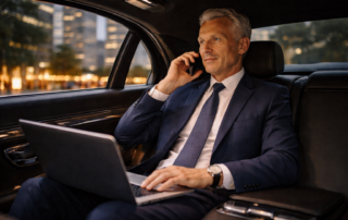 Executive traveling in the back seat of a luxury vehicle while working, professionally managed by Boston Corporate Coach™