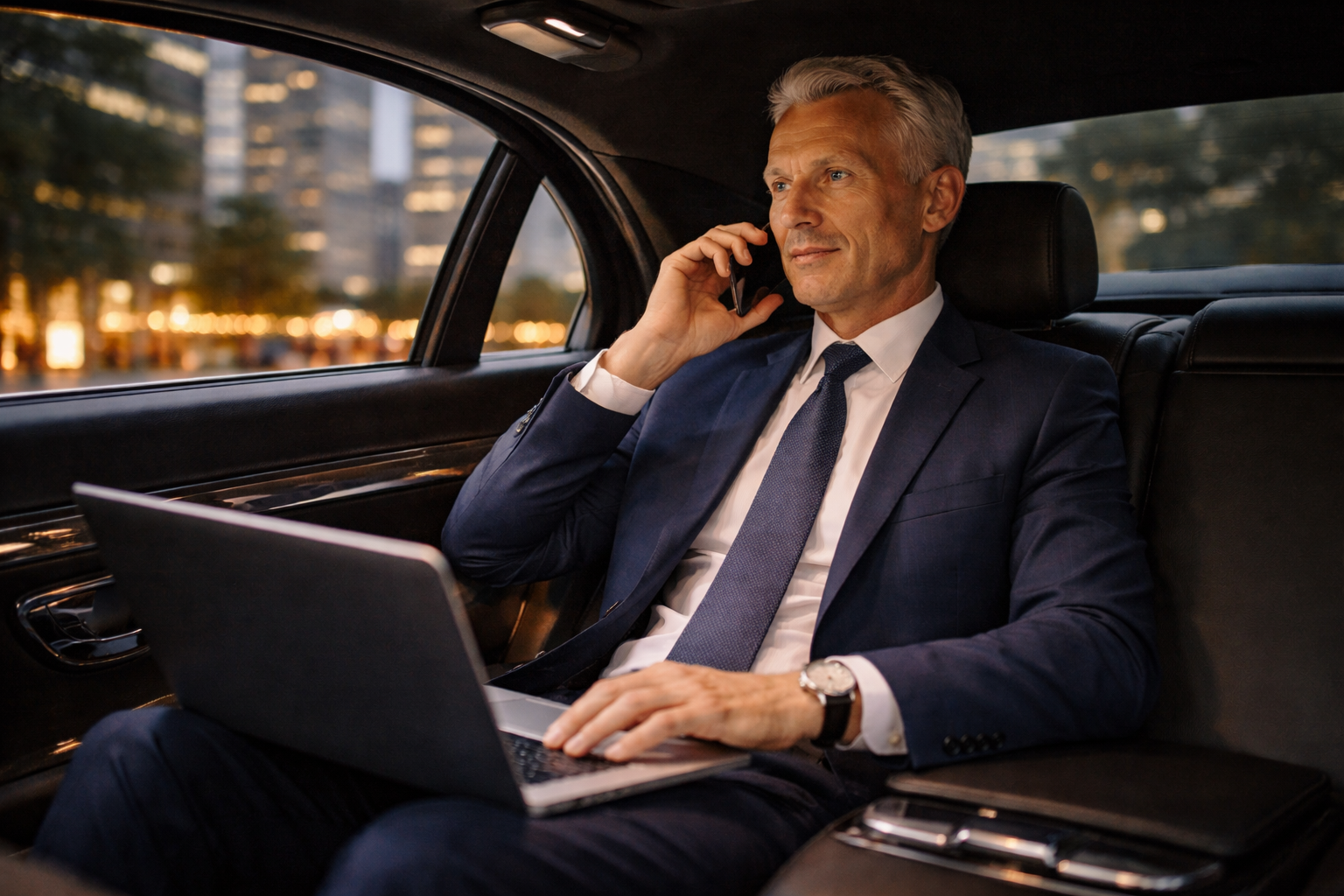 Executive traveling in the back seat of a luxury vehicle while working, professionally managed by Boston Corporate Coach™