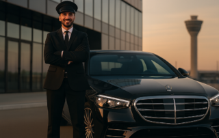 Professional chauffeur standing beside a luxury Mercedes-Benz S-Class sedan for Boston Corporate Coach – worldwide black car service