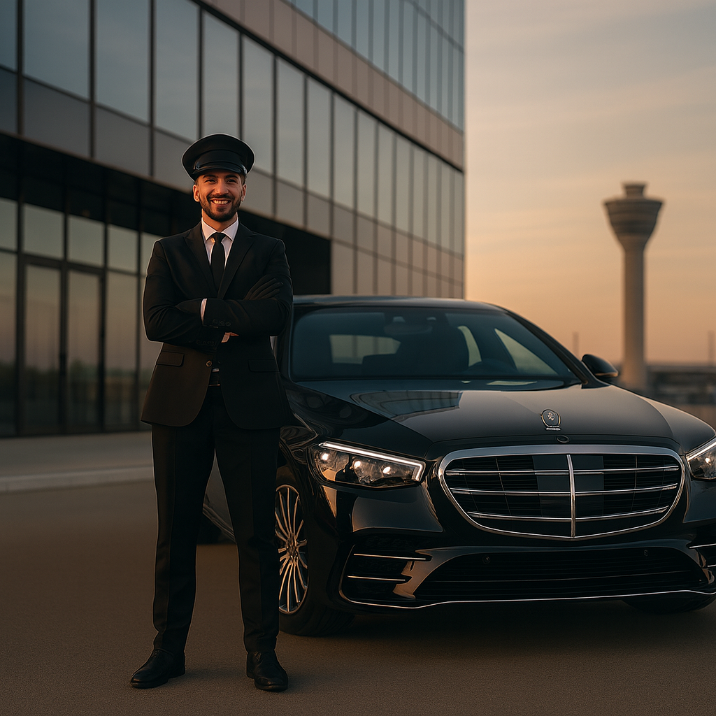Professional chauffeur standing beside a luxury Mercedes-Benz S-Class sedan for Boston Corporate Coach – worldwide black car service