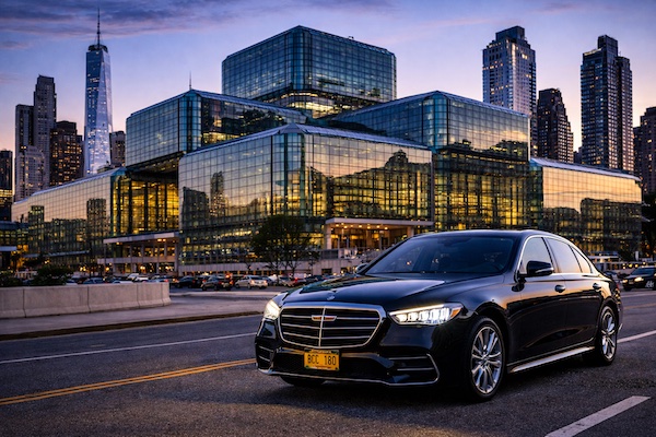 Black Mercedes-Benz S-Class with NYC T&LC plate at Jacob K. Javits Convention Center during NRF 2026 in New York City BostonCoach