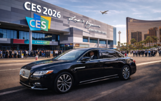 Executive traveling in a luxury vehicle during CES 2026 in Las Vegas, managing calls between conference venues