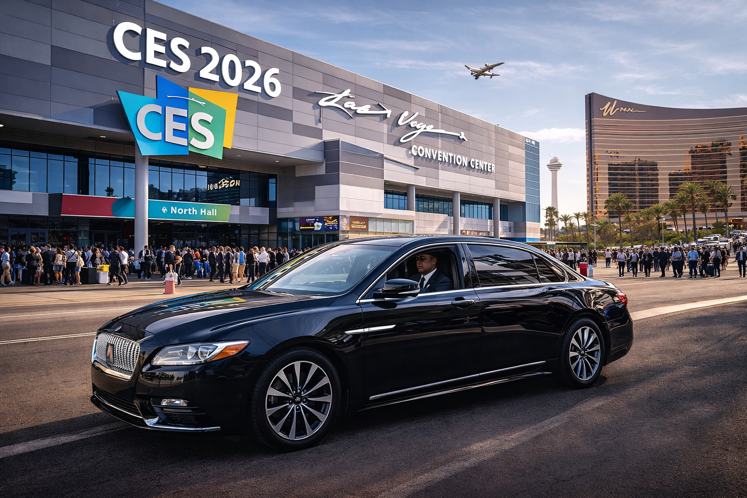 Executive traveling in a luxury vehicle during CES 2026 in Las Vegas, managing calls between conference venues