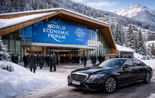 Davos Congress Centre in winter during World Economic Forum 2026 – executive ground transportation hub