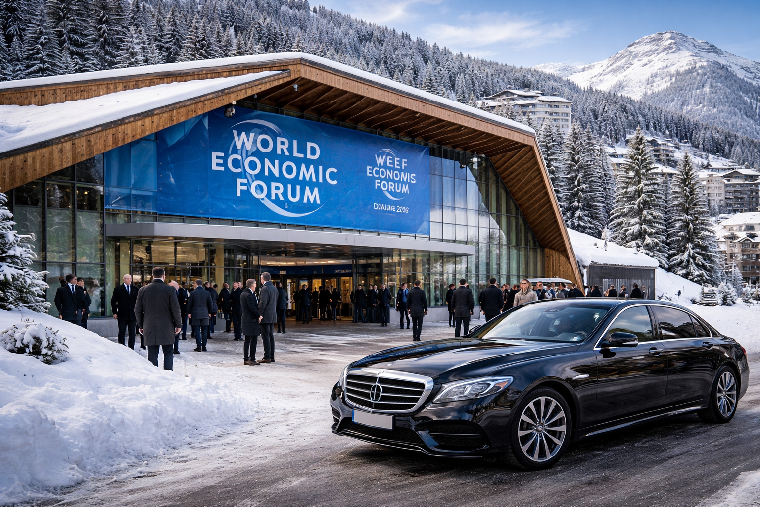 Davos Congress Centre in winter during World Economic Forum 2026 – executive ground transportation hub