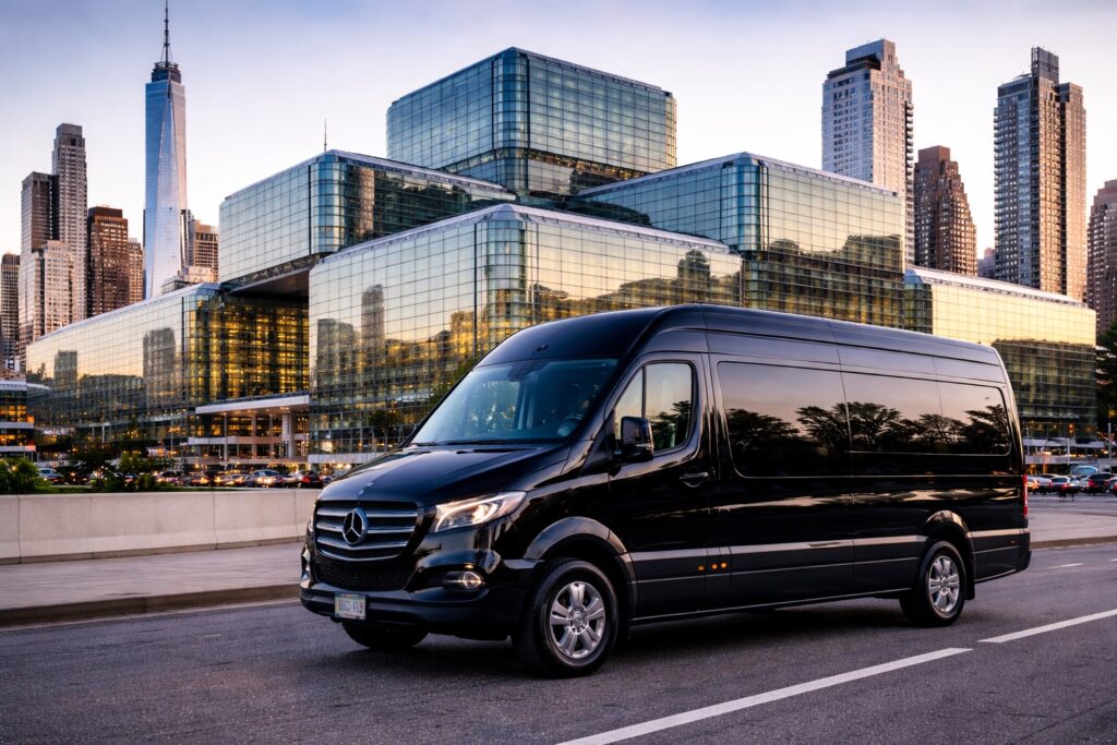 NRF 2026 Executive Transportation at Javits Center Black Mercedes Sprinter executive van at Jacob K. Javits Convention Center in New York City during NRF 2026 Retail’s Big Show