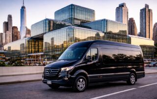 Black Mercedes Sprinter executive van at Jacob K. Javits Convention Center in New York City during NRF 2026 Retail’s Big Show