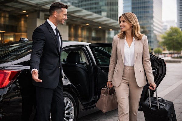 Professional chauffeur greeting an executive client for global corporate ground transportation service