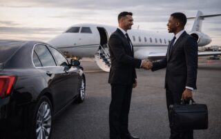 Executive airport chauffeur greeting client beside private jet at Boston airport