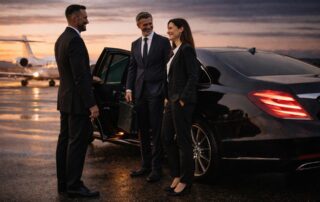 Boston Corporate Coach chauffeur providing luxury car service for executive travelers at a private jet terminal.
