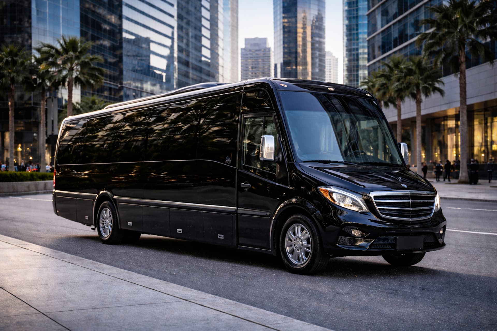 Luxury mid-size coach providing professional chauffeured transportation for corporate groups and executive events