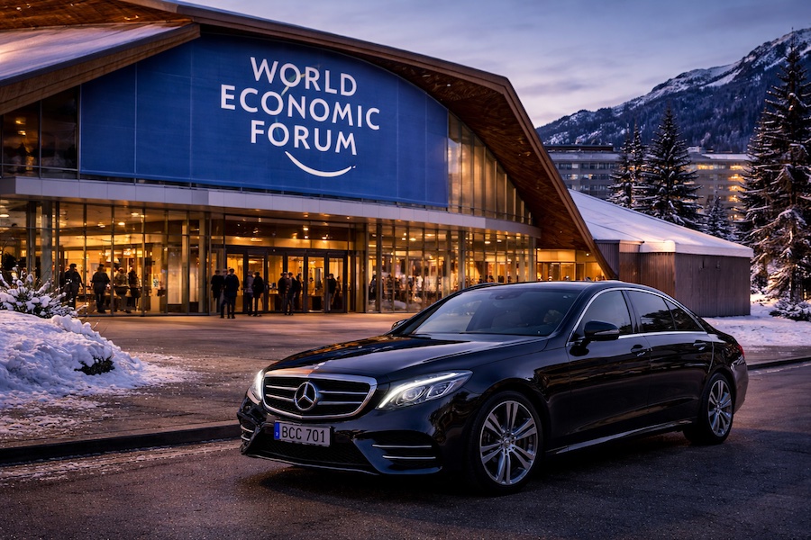 World Economic Forum 2026 at the Davos Congress Centre with black Mercedes executive chauffeur vehicle from Boston Corporate Coach
